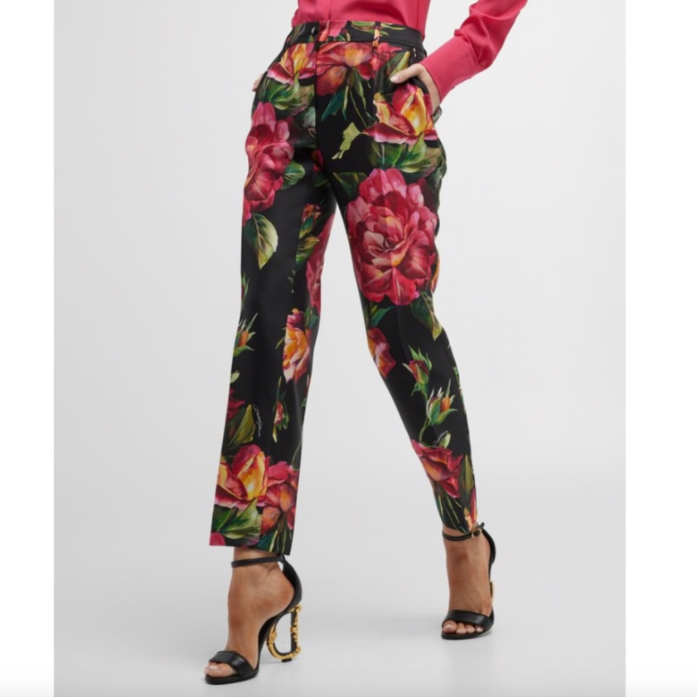 Dolce&Gabbana Floral-Print Straight-Leg Ankle Silk Pants